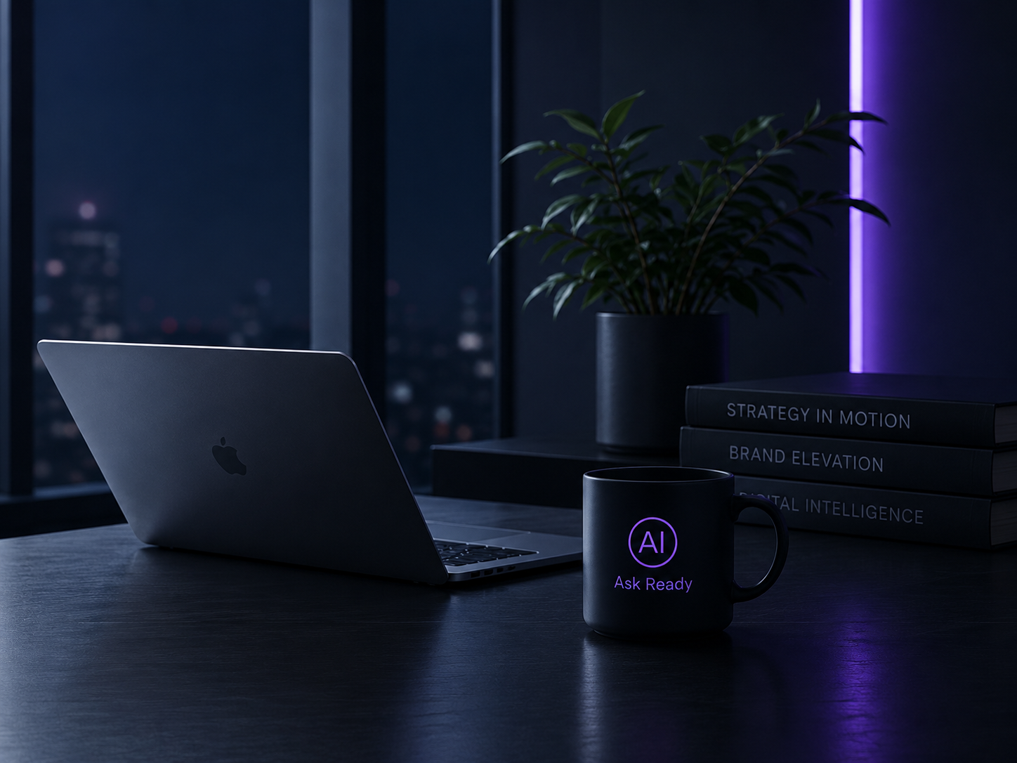 AI Ask Ready workspace at night with a laptop, branded mug and strategy books