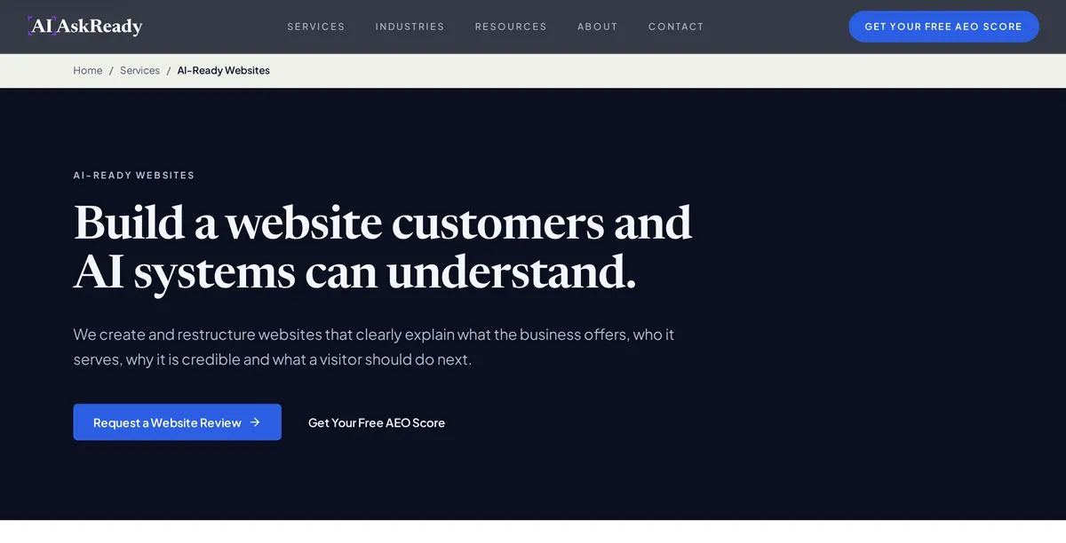 An AI Ask Ready service page in the browser, showing the navigation, page heading, supporting explanation and the two calls to action.